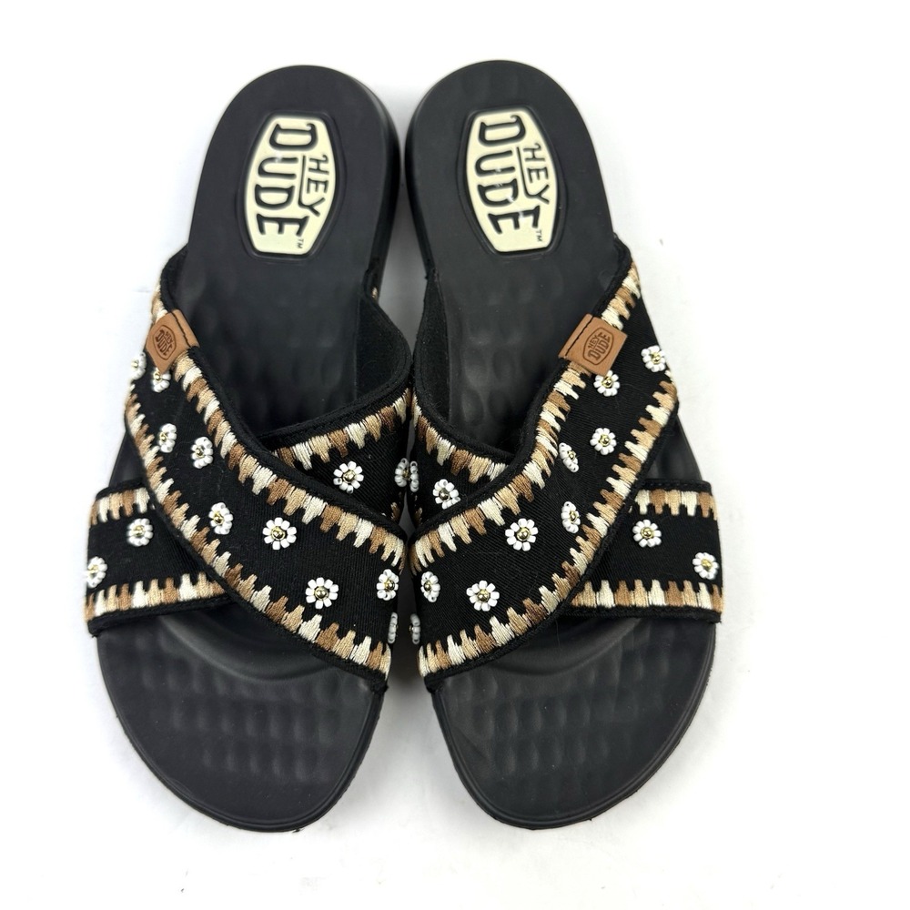 Hey Dude Christi Slides 10 Black‎ Embroidered Womens Slip On Shoes